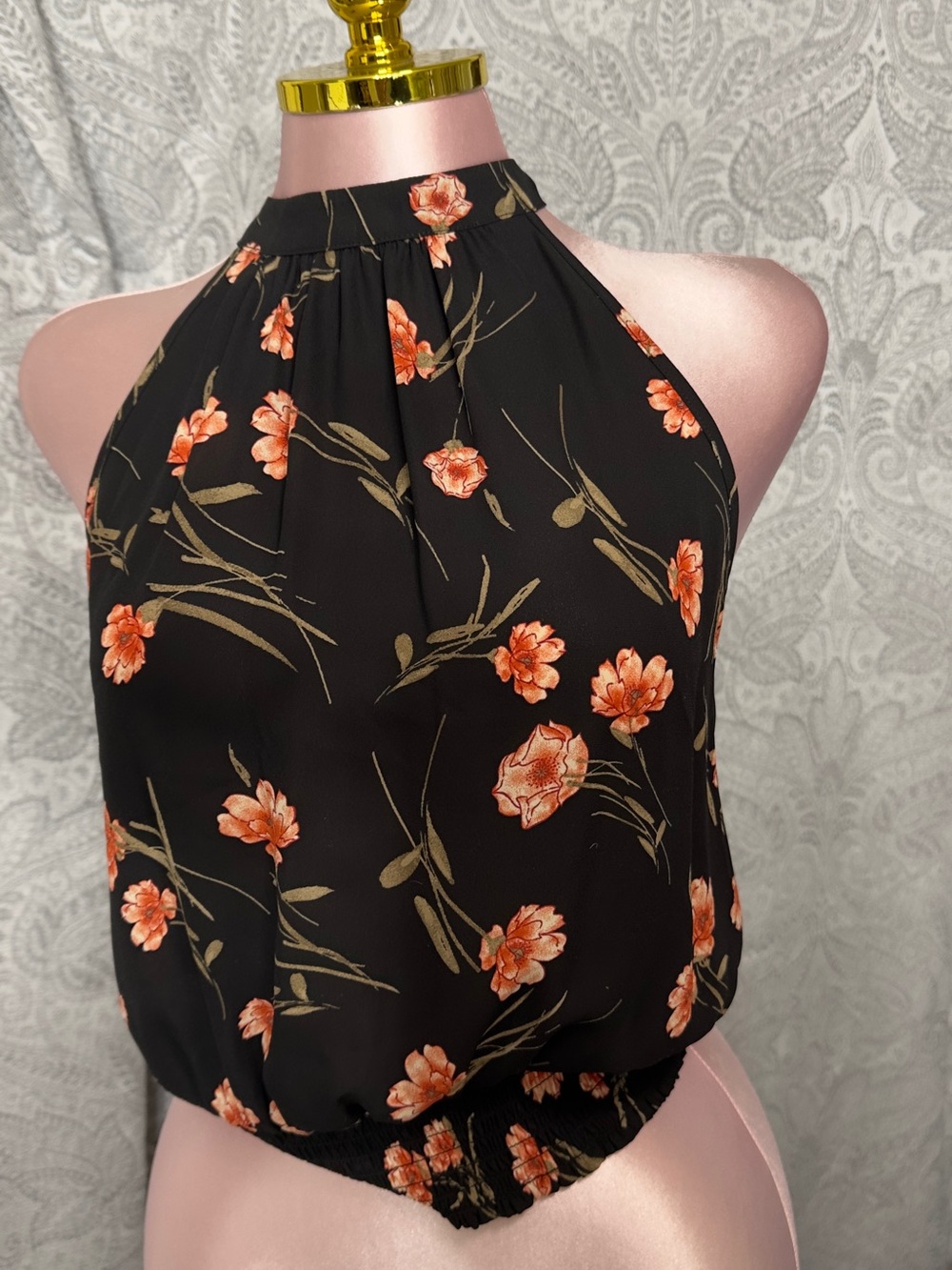 Sienna Sky Black Halter Camisole with Coral Floral Print